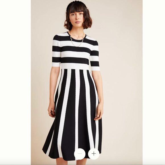 NWT Anthropologie Tori Black and White Striped Fit and Flare Sweater Dress - Picture 4 of 11